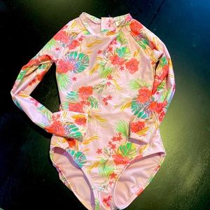 Tropical one piece bathing suit/rash guard sleeves!